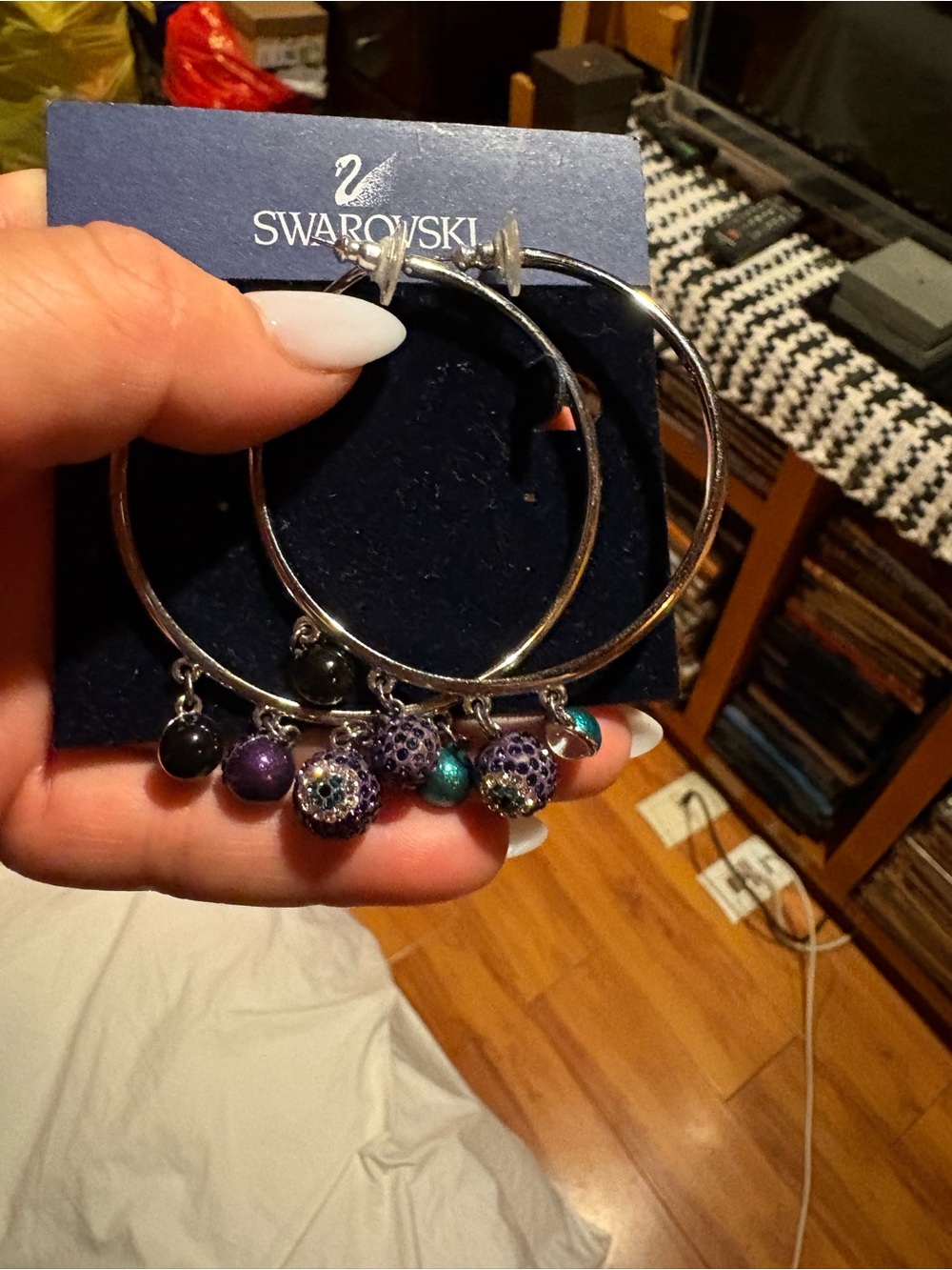 Swarovski Silver Hoop Earrings with Purple, Teal & Black Eye Crystal Charms